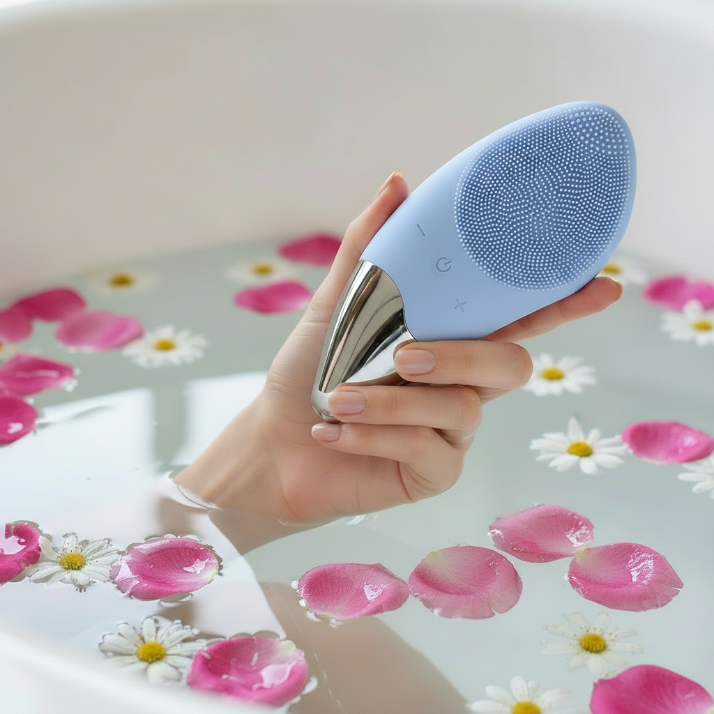 Photo combinée appareil bleu dans bain fleuri